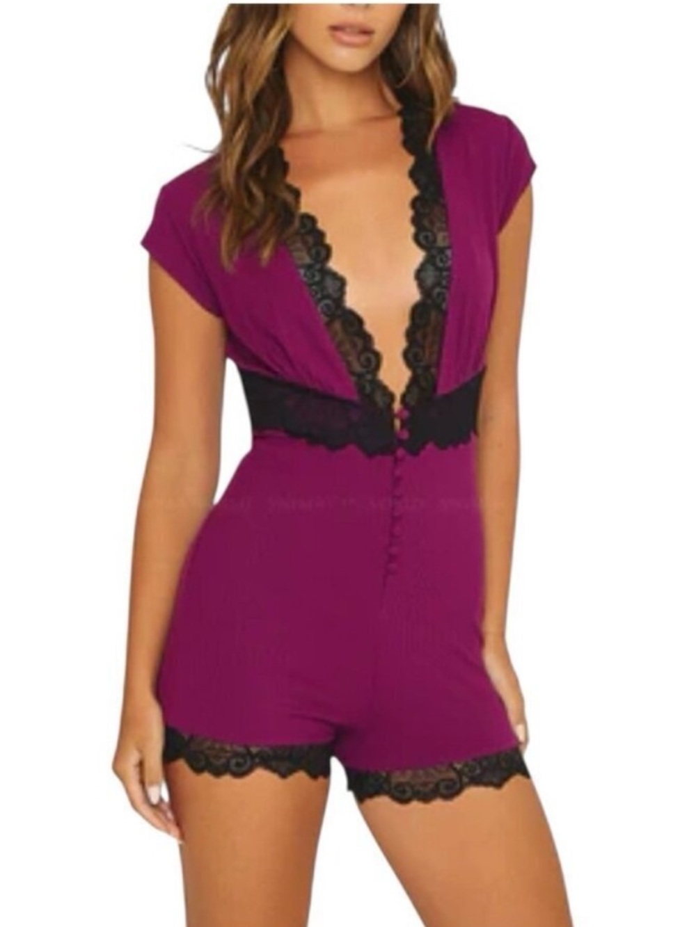 Beach Bunny Plum Romper with Black Lace Trim